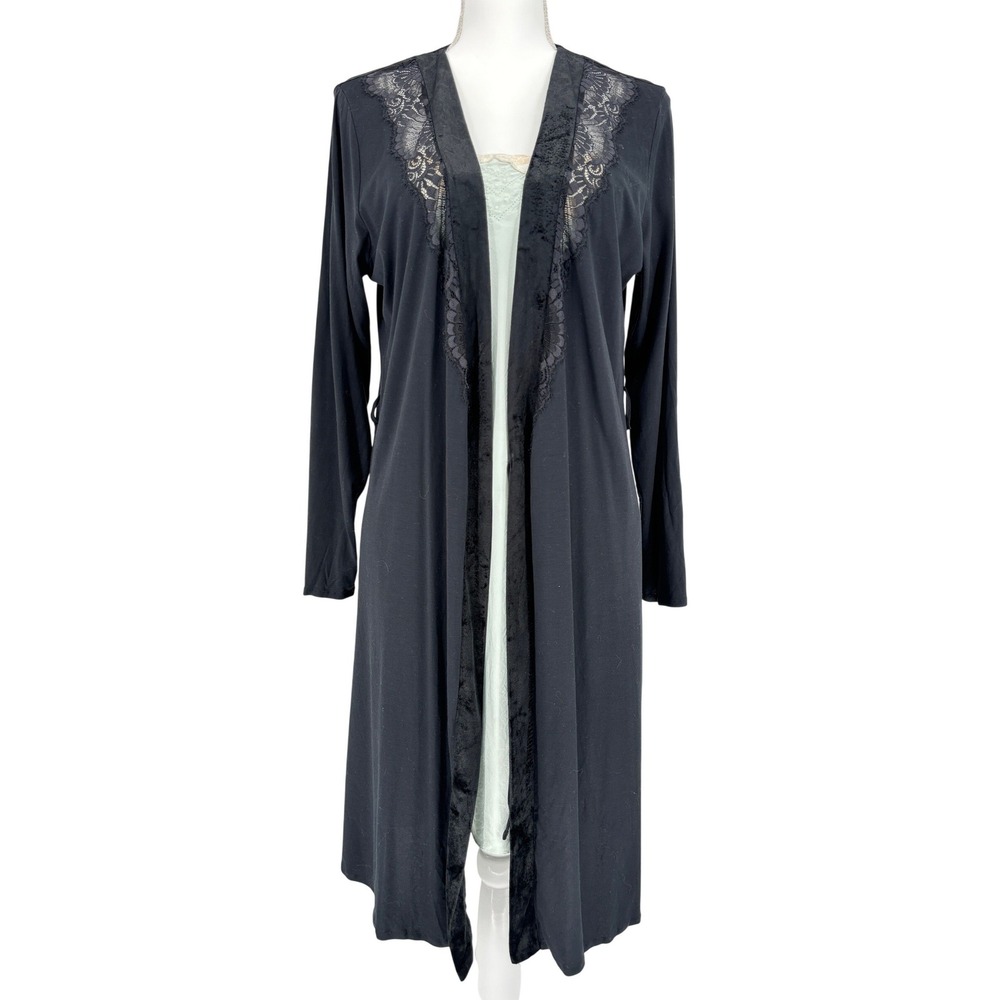 Luxury Loungewear Old Money HANRO Lace Trim Velvet Detail Long Robe Kimono M
